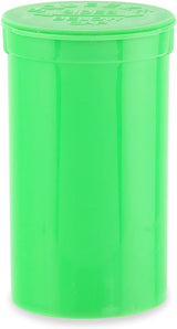 Front angled view of the Loud Lock 19 Dram Pop Top containers in green. These child-resistant squeeze-top vials provide an airtight, odor-proof storage solution ideal for packaging up to 3.5 grams of dry herb.
