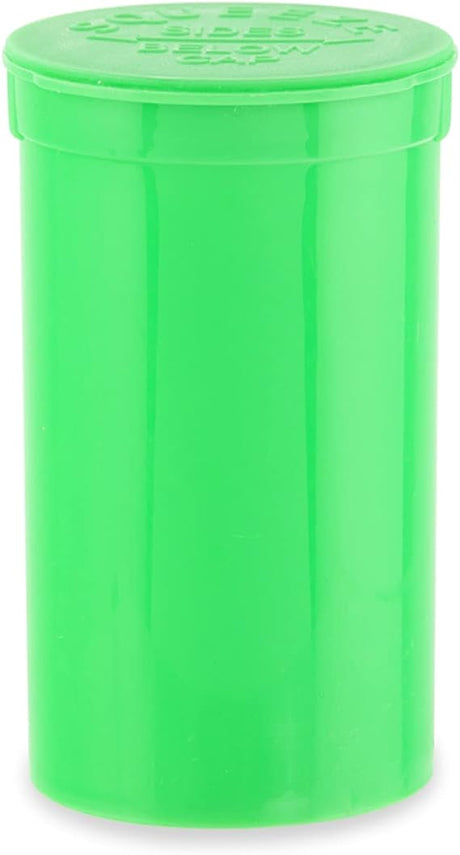 Front angled view of the Loud Lock 19 Dram Pop Top containers in green. These child-resistant squeeze-top vials provide an airtight, odor-proof storage solution ideal for packaging up to 3.5 grams of dry herb.