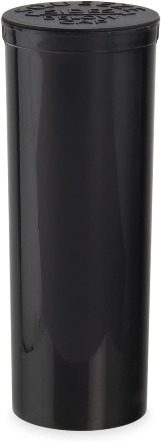 Front angled view of the Loud Lock 60 Dram Pop Top containers in a cluster of opaque black. These child-resistant squeeze-top vials provide an airtight, odor-proof storage solution for keeping up to a half-ounce of dry herb fresh.