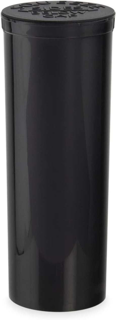 Front angled view of the Loud Lock 60 Dram Pop Top containers in a cluster of opaque black. These child-resistant squeeze-top vials provide an airtight, odor-proof storage solution for keeping up to a half-ounce of dry herb fresh.