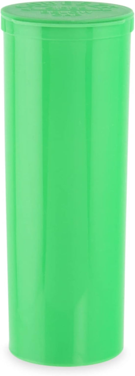 Front angled view of the Loud Lock 60 Dram Pop Top containers in a cluster of opaque green. These child-resistant squeeze-top vials provide an airtight, odor-proof storage solution for keeping up to a half-ounce of dry herb fresh.
