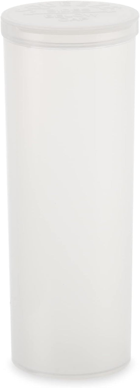 Front angled view of the Loud Lock 60 Dram Pop Top containers in a cluster of opaque white. These child-resistant squeeze-top vials provide an airtight, odor-proof storage solution for keeping up to a half-ounce of dry herb fresh.