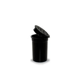 Front angled view of the Loud Lock 6 Dram Pop Top capsules in opaque black. These compact, child-resistant squeeze-top vials provide an airtight, odor-proof storage solution ideal for packaging 1 to 1.5 grams of dry herb.