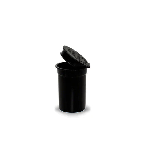 Front angled view of the Loud Lock 6 Dram Pop Top capsules in opaque black. These compact, child-resistant squeeze-top vials provide an airtight, odor-proof storage solution ideal for packaging 1 to 1.5 grams of dry herb.