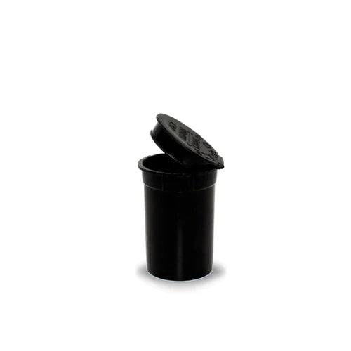 Front angled view of the Loud Lock 6 Dram Pop Top capsules in opaque black. These compact, child-resistant squeeze-top vials provide an airtight, odor-proof storage solution ideal for packaging 1 to 1.5 grams of dry herb.