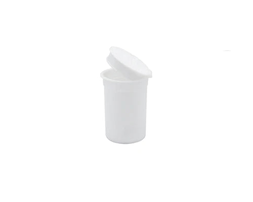 Front angled view of the Loud Lock 6 Dram Pop Top capsules in white. These compact, child-resistant squeeze-top vials provide an airtight, odor-proof storage solution ideal for packaging 1 to 1.5 grams of dry herb.