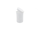 Front angled view of the Loud Lock 6 Dram Pop Top capsules in white. These compact, child-resistant squeeze-top vials provide an airtight, odor-proof storage solution ideal for packaging 1 to 1.5 grams of dry herb.