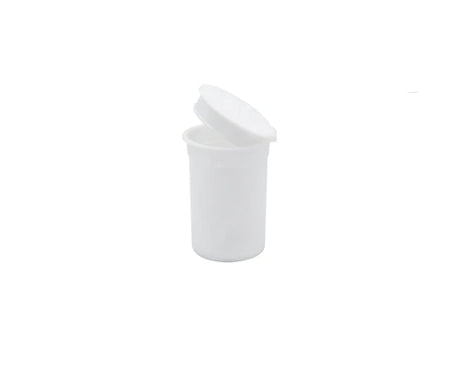 Front angled view of the Loud Lock 6 Dram Pop Top capsules in white. These compact, child-resistant squeeze-top vials provide an airtight, odor-proof storage solution ideal for packaging 1 to 1.5 grams of dry herb.
