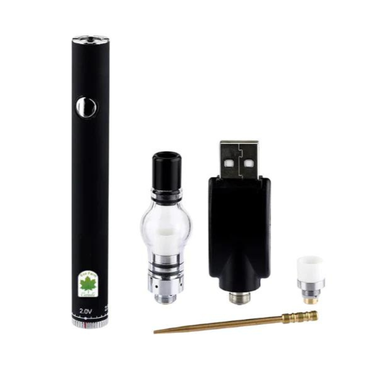 front view of the LTQ Vapor Mini Globefish wax kit separated into its individual core components. The travel-friendly 280mAh battery easily detaches from the standard 510-thread base and globe atomizer for incredibly quick cleaning and routine maintenance.