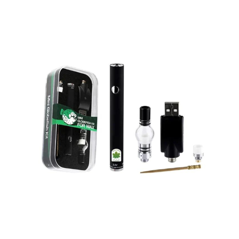 Angled overhead view of the complete LTQ Vapor Mini Globefish wax kit laid out against a clean white background. This comprehensive, beginner-friendly concentrate starter set includes the 280mAh battery, glass globe atomizer, a stainless steel dab tool, and a USB charger.