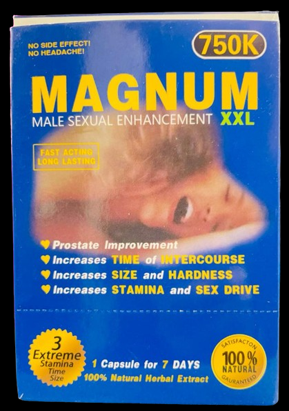 Angled top-down view of multiple packaged Magnum 750k XXL Blue supplements arranged inside their matching wholesale retail display box. This high-margin, point-of-purchase dietary supplement makes a highly profitable impulse item for smoke shop and convenience store countertops.
