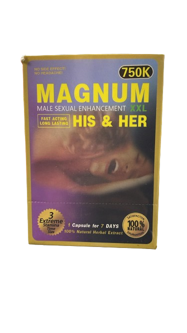 Angled top-down view of multiple packaged Magnum 750k XXL His&Her supplements arranged inside their matching wholesale retail display box. This high-margin, point-of-purchase dietary supplement makes a highly profitable impulse item for smoke shop and convenience store countertops.