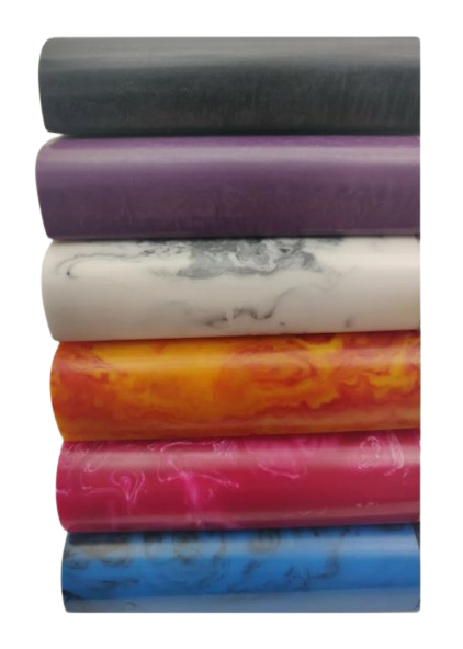 Front view of the Marble and Acrylic dugouts in assorted multi-color swirls. This pocket-sized travel accessory features a built-in storage compartment for dry herbs and a spring-loaded one-hitter bat for discreet sessions on the go.
