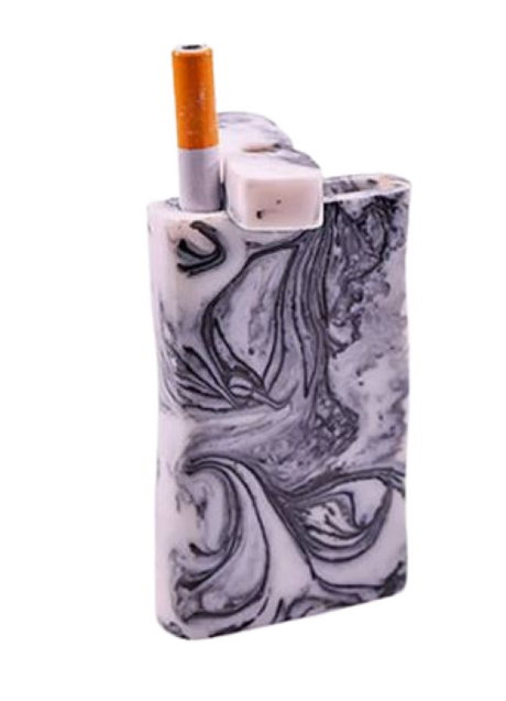 Angled overhead view of the Marble and Acrylic dugout in a black and white swirl, shown with the swivel top open. This all-in-one stash box securely holds a standard one-hitter pipe and ground material in two separate internal compartments.