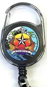 Front facing view of the Merchants Lighter Leash Tattoo Series Holder displaying an assortment of fish, waved and star. This highly practical retail companion accessory clips securely to belt loops, keys, or pockets to ensure consumers never lose their lighter.