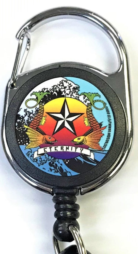 Front facing view of the Merchants Lighter Leash Tattoo Series Holder displaying an assortment of fish, waved and star. This highly practical retail companion accessory clips securely to belt loops, keys, or pockets to ensure consumers never lose their lighter.