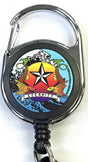 Front facing view of the Merchants Lighter Leash Tattoo Series Holder displaying an assortment of fish, waved and star. This highly practical retail companion accessory clips securely to belt loops, keys, or pockets to ensure consumers never lose their lighter.