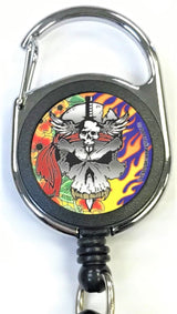 Front facing view of the Merchants Lighter Leash Tattoo Series Holder displaying a skull with knife and flames. This highly practical retail companion accessory clips securely to belt loops, keys, or pockets to ensure consumers never lose their lighter.