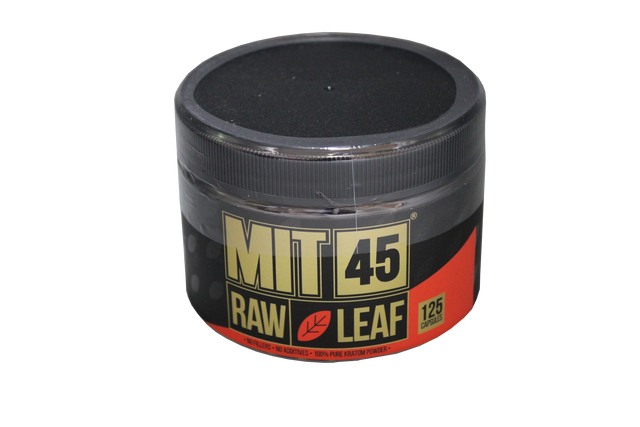 front view of the mit 45 raw leaf red vein kratom 125 capsule jar. made from the redvein to give a stress relieving and calming profile.