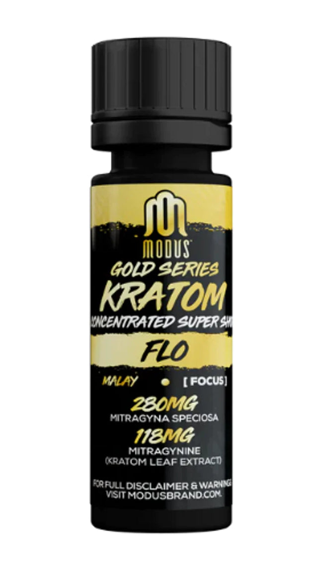 Front view of the Modus Gold Series Flo Malay Focus kratom shot in a black bottle with a gold and yellow label. This premium 280mg liquid kratom extract is specially formulated to deliver enhanced concentration, clarity, and sustained energy.