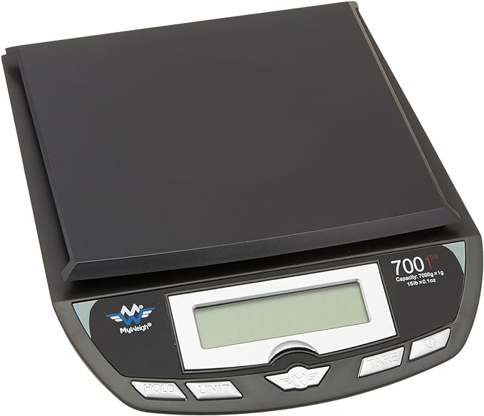 Angled overhead view of the My Weigh 7001DX scale in black. This mid-sized, steel-reinforced ABS plastic scale features a 7000g capacity for versatile kitchen, office, or shipping use.