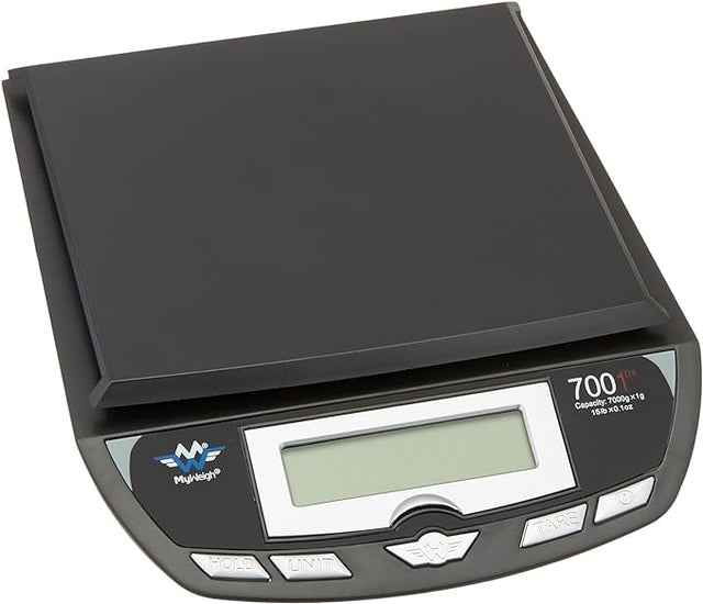 Angled overhead view of the My Weigh 7001DX scale in black. This mid-sized, steel-reinforced ABS plastic scale features a 7000g capacity for versatile kitchen, office, or shipping use.