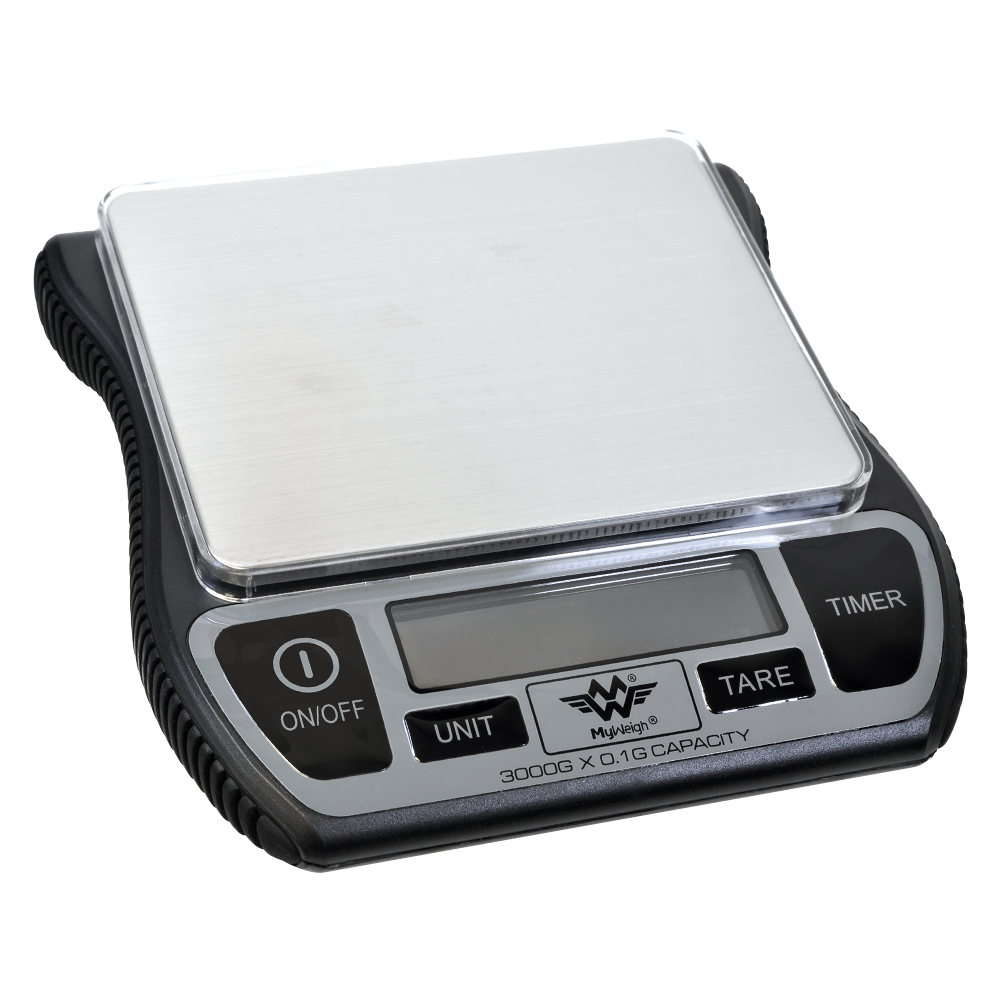 Front standing view of the My Weigh Barista Scale in matte black with a silver stainless steel platform. This high-capacity 3000g digital scale features an advanced water-resistant design built to withstand kitchen spills and espresso drip trays.