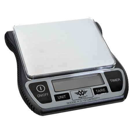 Front standing view of the My Weigh Barista Scale in matte black with a silver stainless steel platform. This high-capacity 3000g digital scale features an advanced water-resistant design built to withstand kitchen spills and espresso drip trays.