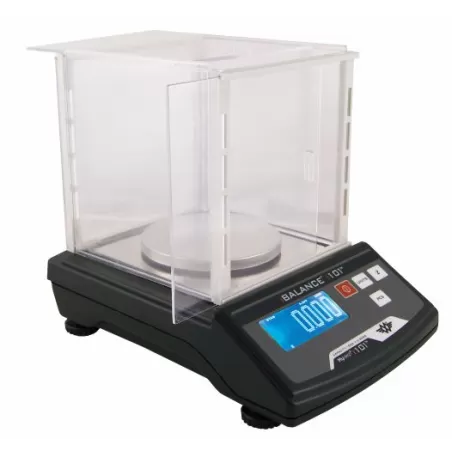 Angled overhead view of the My Weigh iBalance i101 measurement scale in white and silver. This ultra-precise 100g x 0.005g scale features a stainless steel platform for professional-grade weighing of gems, jewelry, or laboratory materials.