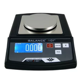 Close-up front view of the My Weigh iBalance i101 measurement scale control panel in white. The bright backlit LCD screen ensures crystal-clear readings, alongside intuitive buttons for advanced parts-counting and tare functions.