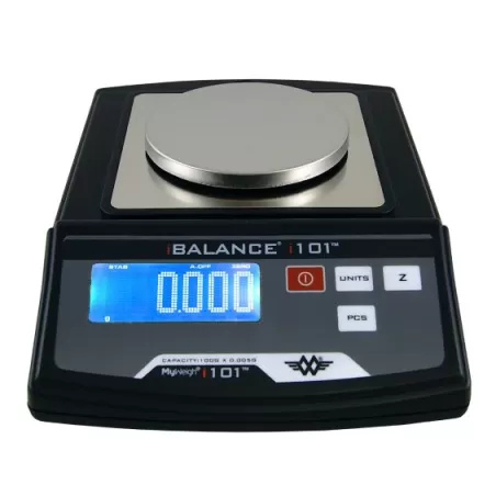 Close-up front view of the My Weigh iBalance i101 measurement scale control panel in white. The bright backlit LCD screen ensures crystal-clear readings, alongside intuitive buttons for advanced parts-counting and tare functions.