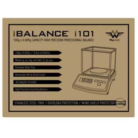 Straight front view of the My Weigh iBalance i101 measurement scale retail packaging in full color. This professional laboratory-grade scale includes necessary accessories like an AC adapter and calibration weight for out-of-the-box accuracy.
