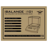 Straight front view of the My Weigh iBalance i101 measurement scale retail packaging in full color. This professional laboratory-grade scale includes necessary accessories like an AC adapter and calibration weight for out-of-the-box accuracy.