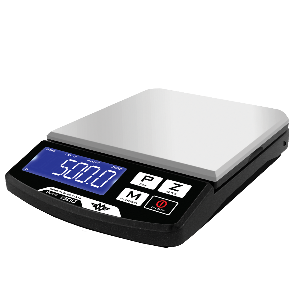 Angled overhead view of the My Weigh iBalance i500 measurement scale in white and silver. This professional-grade 500g scale features a precision stainless steel platform, making it perfect for laboratory, commercial, or heavy-duty home weighing.