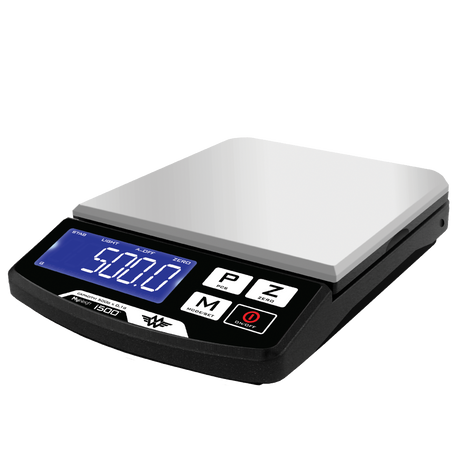 Angled overhead view of the My Weigh iBalance i500 measurement scale in white and silver. This professional-grade 500g scale features a precision stainless steel platform, making it perfect for laboratory, commercial, or heavy-duty home weighing.