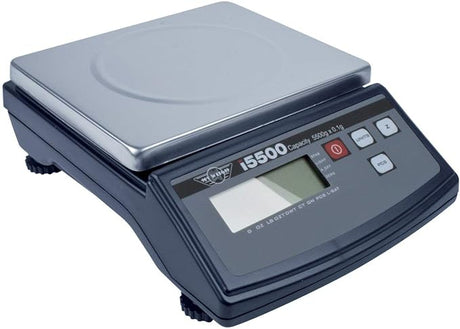Angled overhead view of the My Weigh iBalance i5500 measurement scale in white and silver. This high-capacity 5500g scale features a large stainless steel platform, making it perfect for professional, commercial, or heavy-duty home weighing.