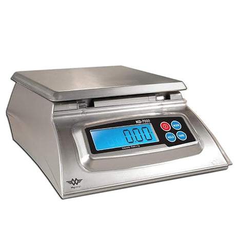 Angled overhead view of the My Weigh KD-7000 measurement scale in silver. This high-capacity 7000g scale features a durable, easy-to-clean stainless steel platform, making it ideal for messy projects like soap making and baking.