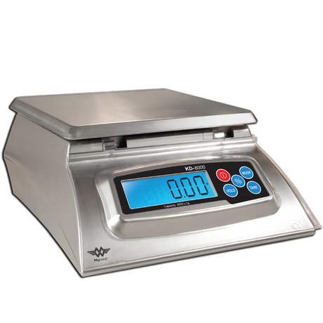 Angled overhead view of the My Weigh KD-8000 kitchen scale in silver. This high-capacity 8000g scale features baker's math percentage functions, making it perfect for baking and soap making.