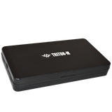 Angled overhead view of the My Weigh Triton T2 digital mini scale in black. This compact 400g x 0.01g pocket scale features a durable ribbed outer casing for precise, everyday weighing of herbs, concentrates, and small jewelry.