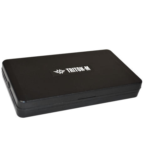 Angled overhead view of the My Weigh Triton T2 digital mini scale in black. This compact 400g x 0.01g pocket scale features a durable ribbed outer casing for precise, everyday weighing of herbs, concentrates, and small jewelry.