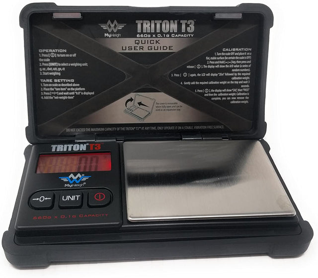 Angled overhead view of the My Weigh Triton T3 digital scale in black with a rugged rubber outer case. This highly durable 660g x 0.1g pocket scale features a heavy-duty, impact-resistant design perfect for everyday on-the-go weighing.