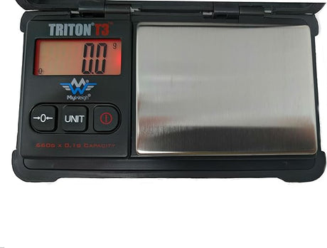 Close-up front view of the My Weigh Triton T3 digital scale control panel in black. The bright red backlit LCD screen ensures highly visible readings in low-light environments alongside a simple tare function to zero out container weights.