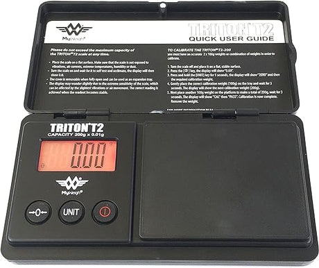 Front angled view of the MyWeigh Triton T2 digital scale in sleek black. This durable pocket scale features a 200g maximum capacity and ultra-precise 0.01g readability for accurately measuring small botanical herbs and solid concentrates.