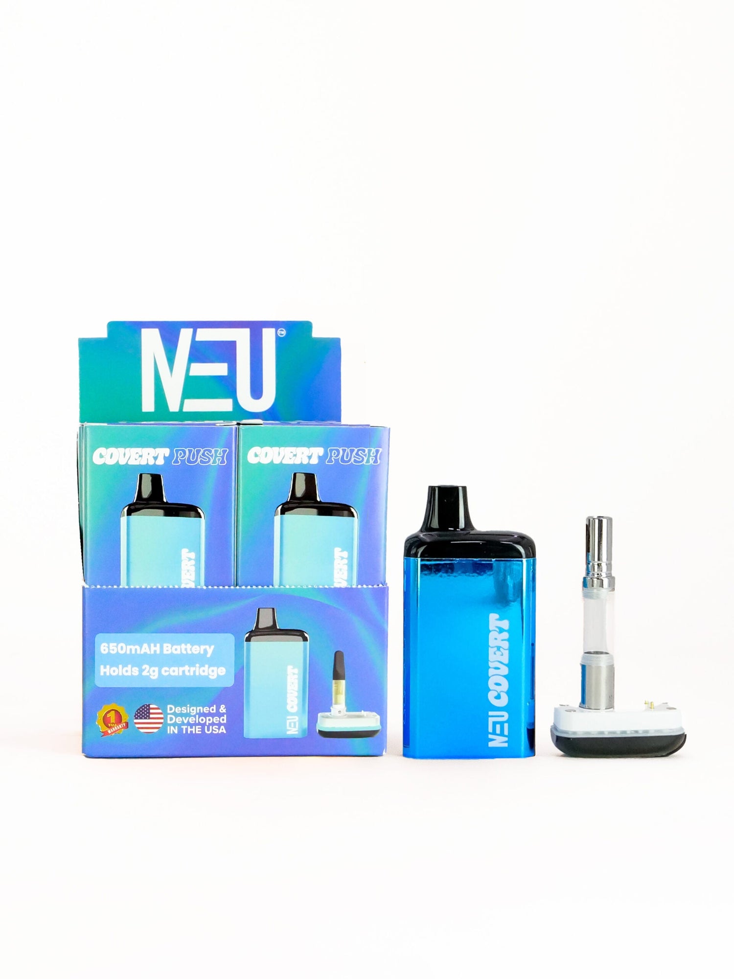 Front facing view of the NEU Push Covert Discreet Battery in reflective blue. This stealthy 650mAh concealed cartridge battery completely hides your 510-threaded oil tanks within its chassis for ultimate privacy on the go.