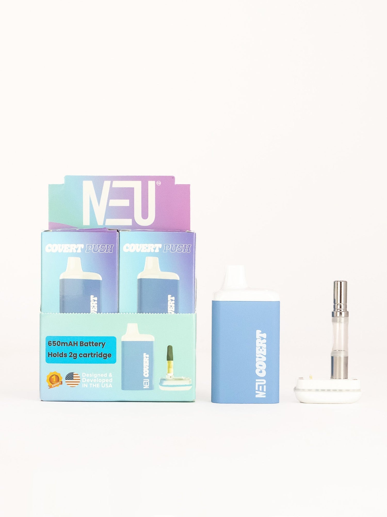 Front facing view of the NEU Push Covert Discreet Battery in matte blue. This stealthy 650mAh concealed cartridge battery completely hides your 510-threaded oil tanks within its chassis for ultimate privacy on the go.