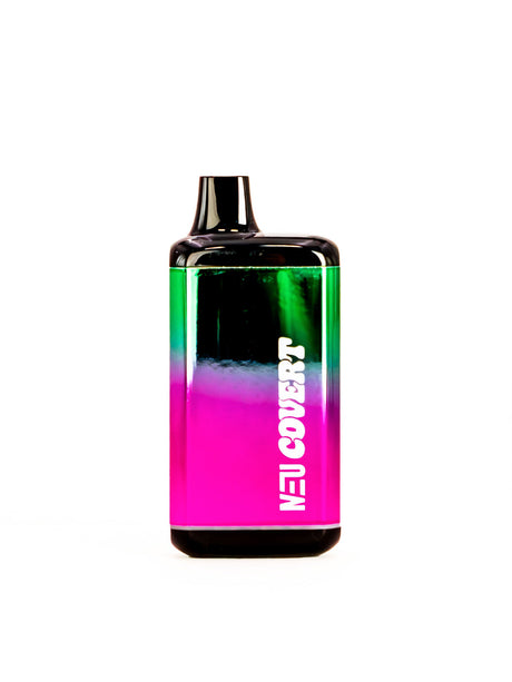 Front facing view of the NEU Push Covert Discreet Battery in matte and reflective pink and green. This stealthy 650mAh concealed cartridge battery completely hides your 510-threaded oil tanks within its chassis for ultimate privacy on the go.