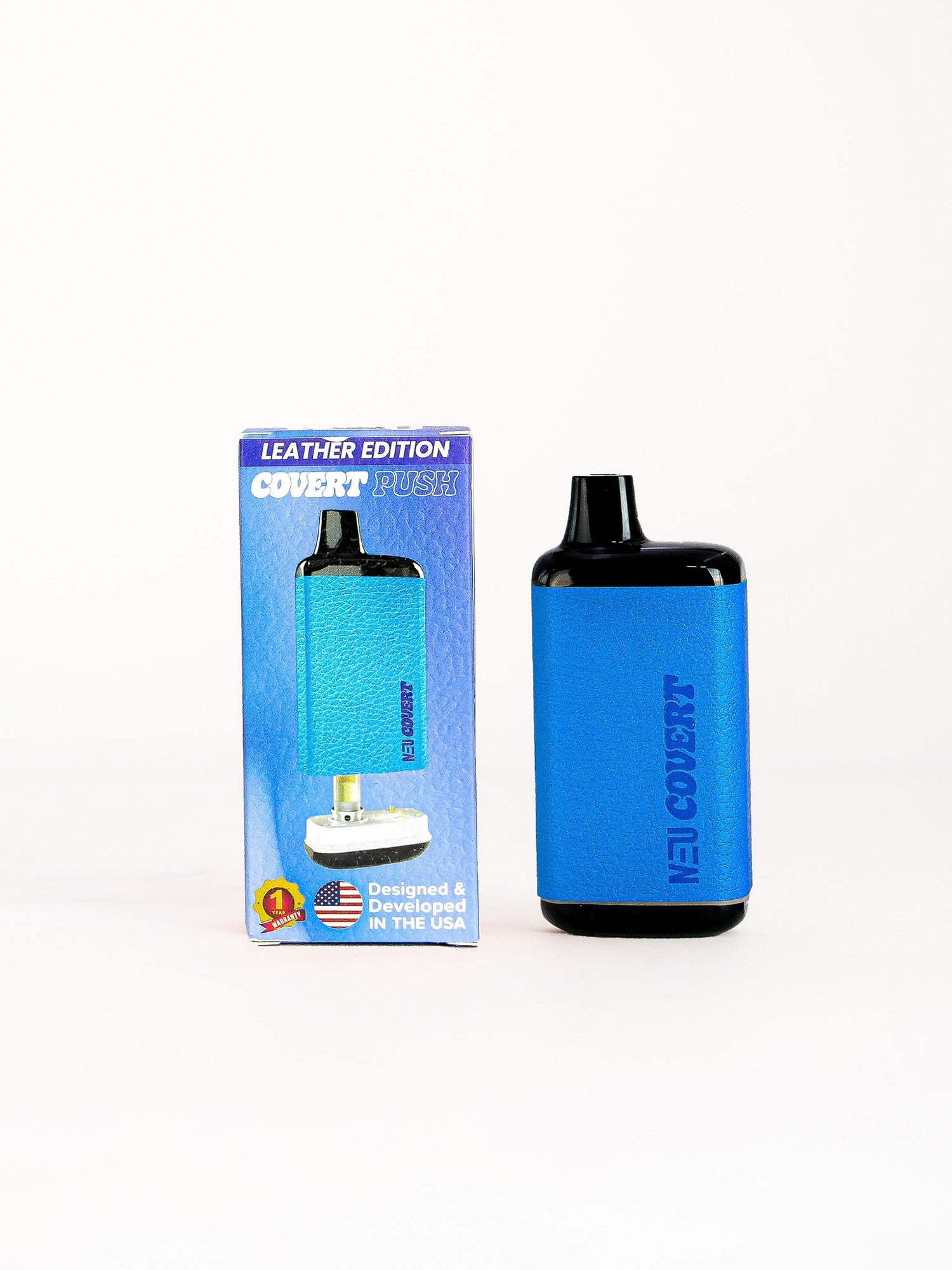 Front facing view of the NEU Push Covert Discreet Battery in matte blue. This stealthy 650mAh concealed cartridge battery completely hides your 510-threaded oil tanks within its chassis for ultimate privacy on the go.