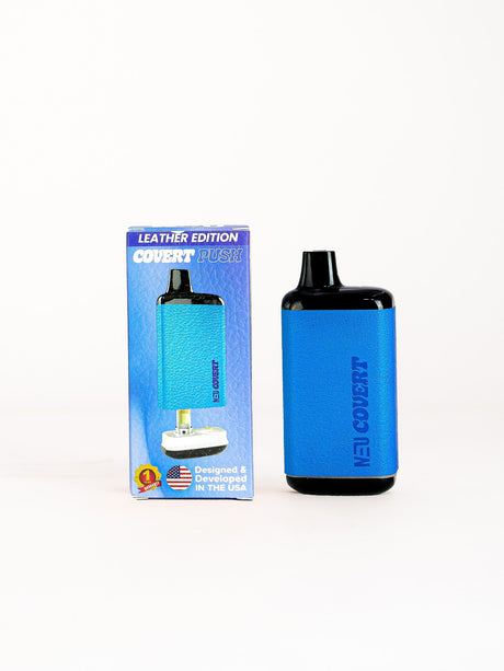 Front facing view of the NEU Push Covert Discreet Battery in matte blue. This stealthy 650mAh concealed cartridge battery completely hides your 510-threaded oil tanks within its chassis for ultimate privacy on the go.
