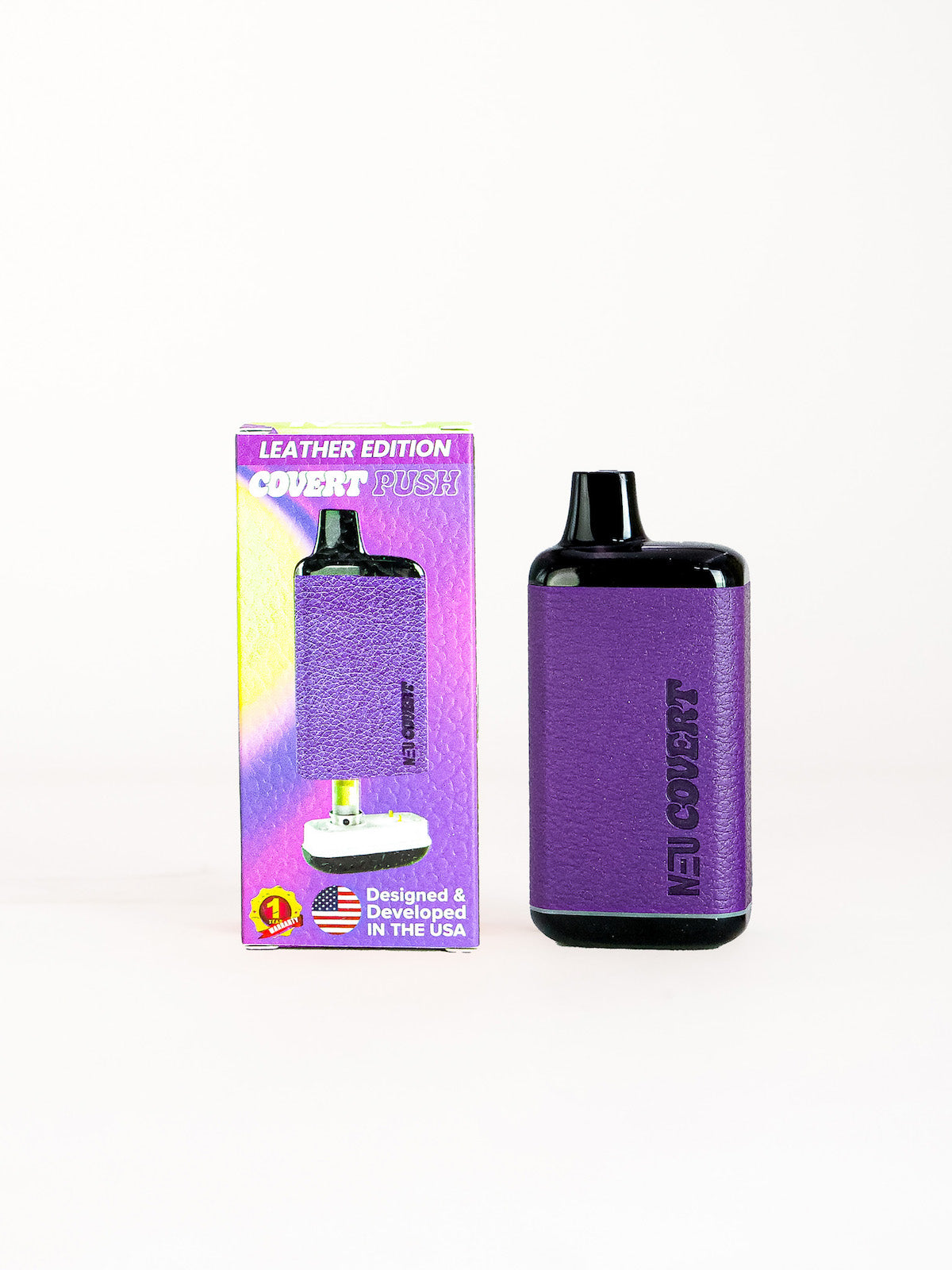 Front facing view of the NEU Push Covert Discreet Battery in matte purple. This stealthy 650mAh concealed cartridge battery completely hides your 510-threaded oil tanks within its chassis for ultimate privacy on the go.