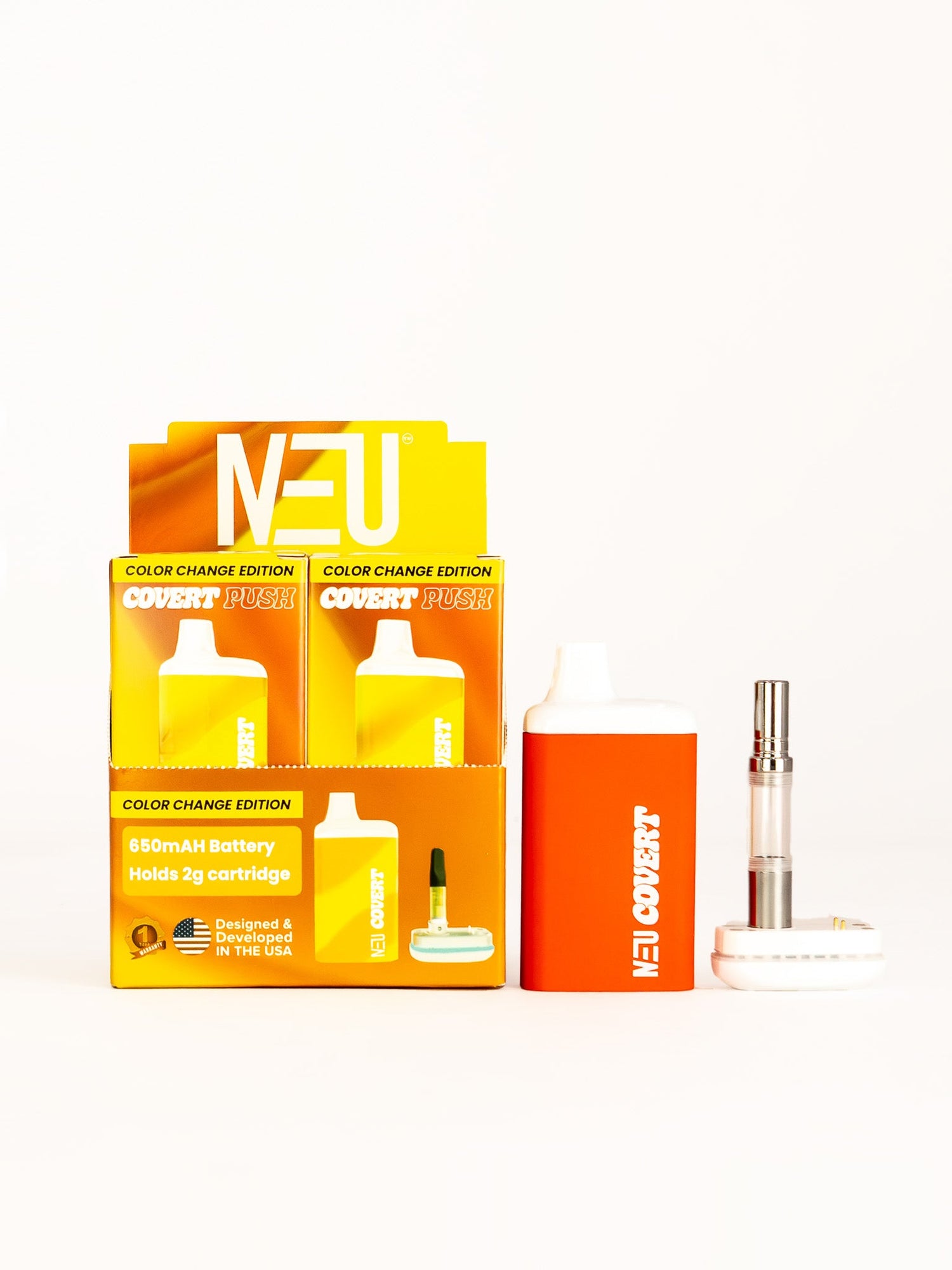 Front facing view of the NEU Push Covert Discreet Battery in matte orange. This stealthy 650mAh concealed cartridge battery completely hides your 510-threaded oil tanks within its chassis for ultimate privacy on the go.